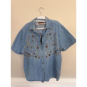 Jean Button-up Tantrum Blues Vintage Embroidered Flower Shirt (L/XL)